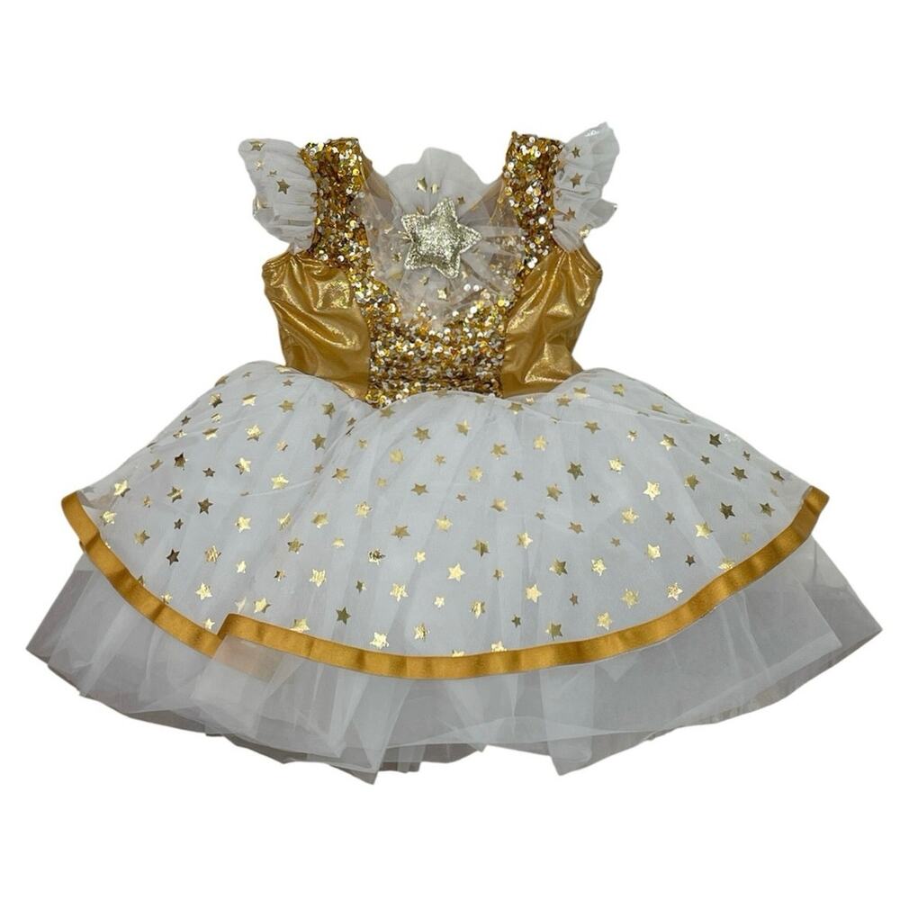 Revolution Swinging on a Star Kids' Gold Sequin Dance Costume Mini Flare Dress S